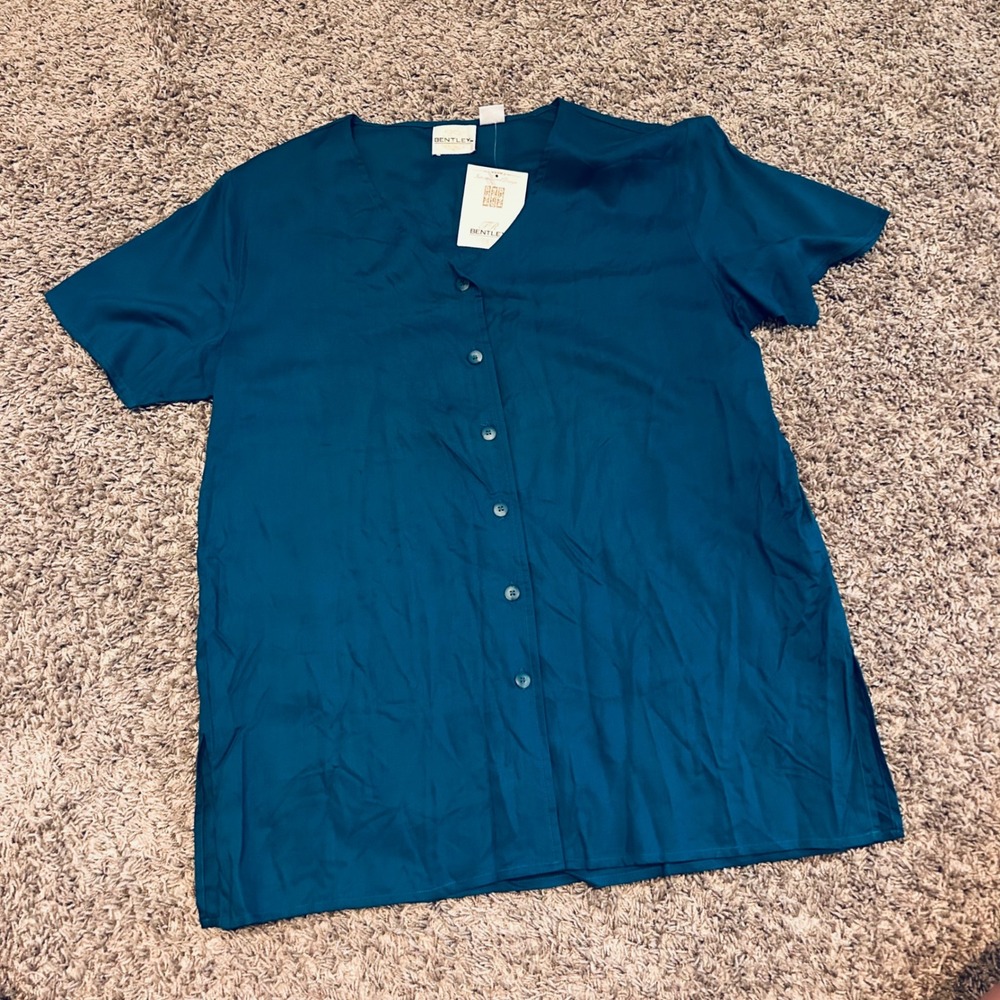 Vintage‎ Bentley Teal Button-Up Top Short Sleeve V-Neck Ladies Medium New
